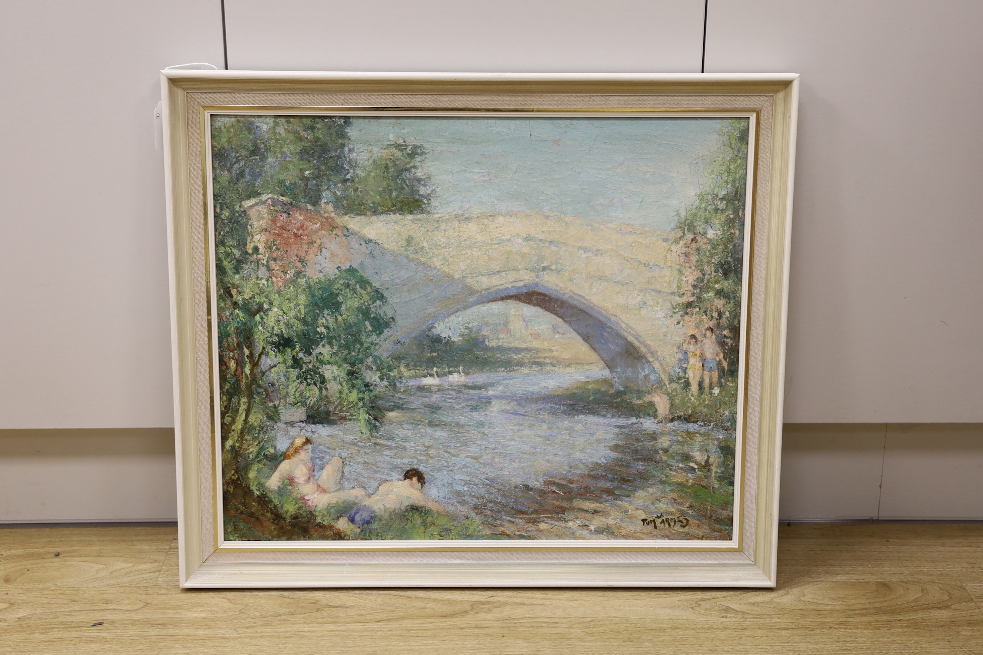Thomas W. Armes (1894-1963), oil on canvas, Bathers beside a stone bridge, signed, 47 x 56cm